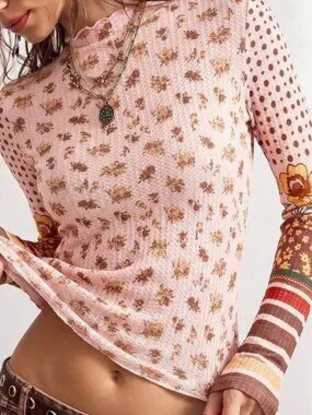 Pink Casual Women's Knitted Printed Round Neck Long Sleeve T-Shirt